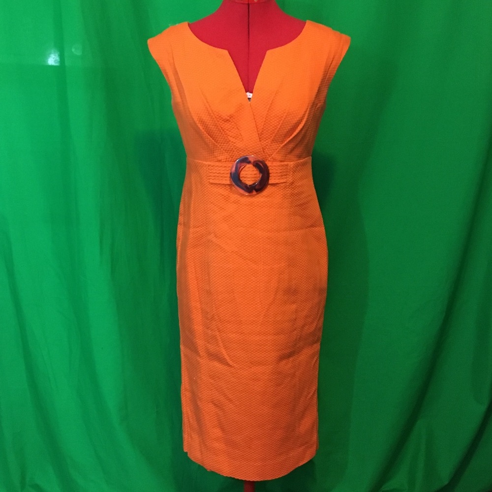 eliza j orange dress Eliza J Size 2 Orange Floral Tie Waist Dress 3/4 Sleeve A-Line Crepe Pebble  B10